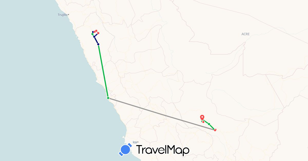 TravelMap itinerary: driving, bus, plane, hiking in Peru (South America)